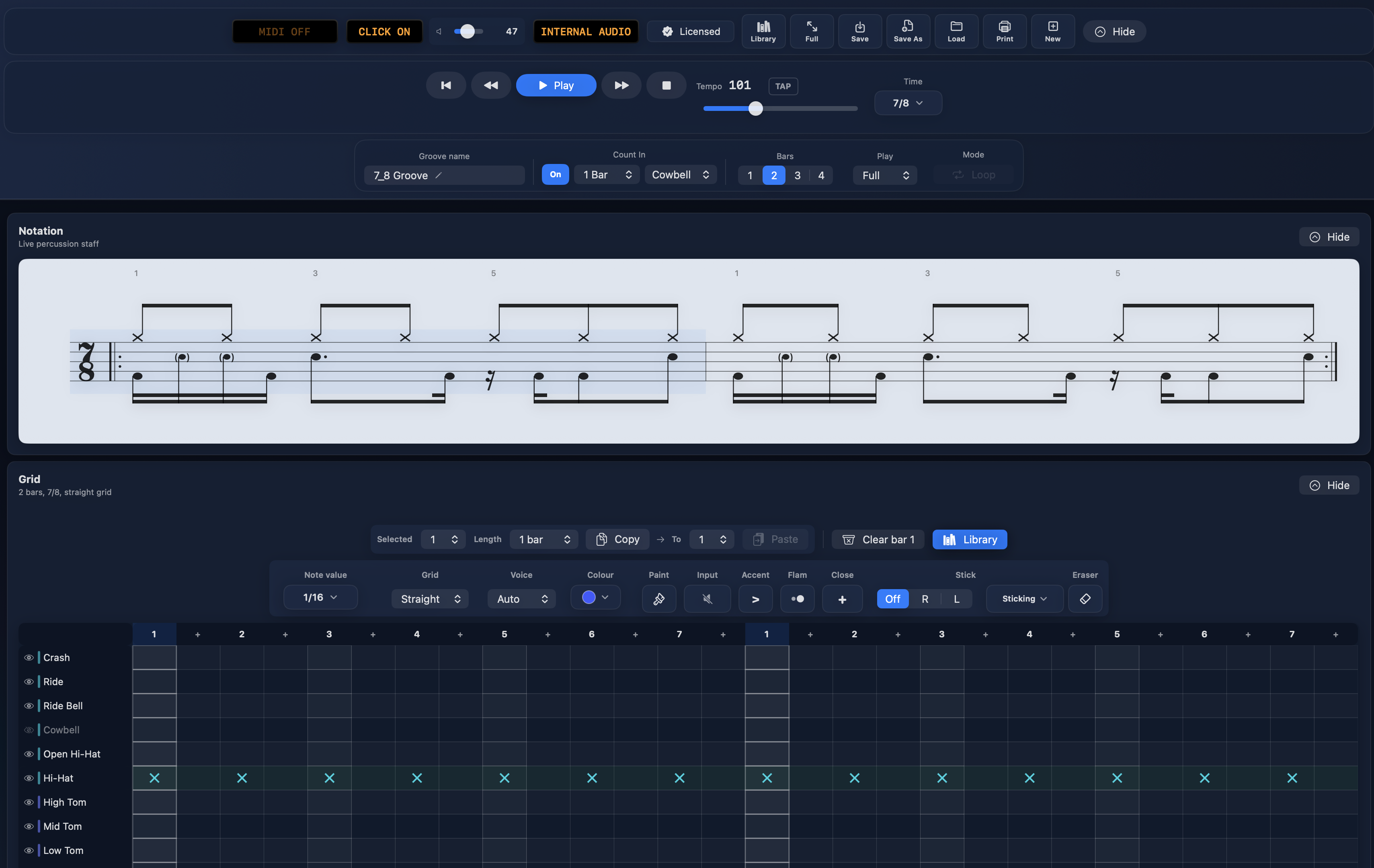 BeatBake step grid in 7/8 with the editing toolbar: note value, voice, colour, accent and sticking controls