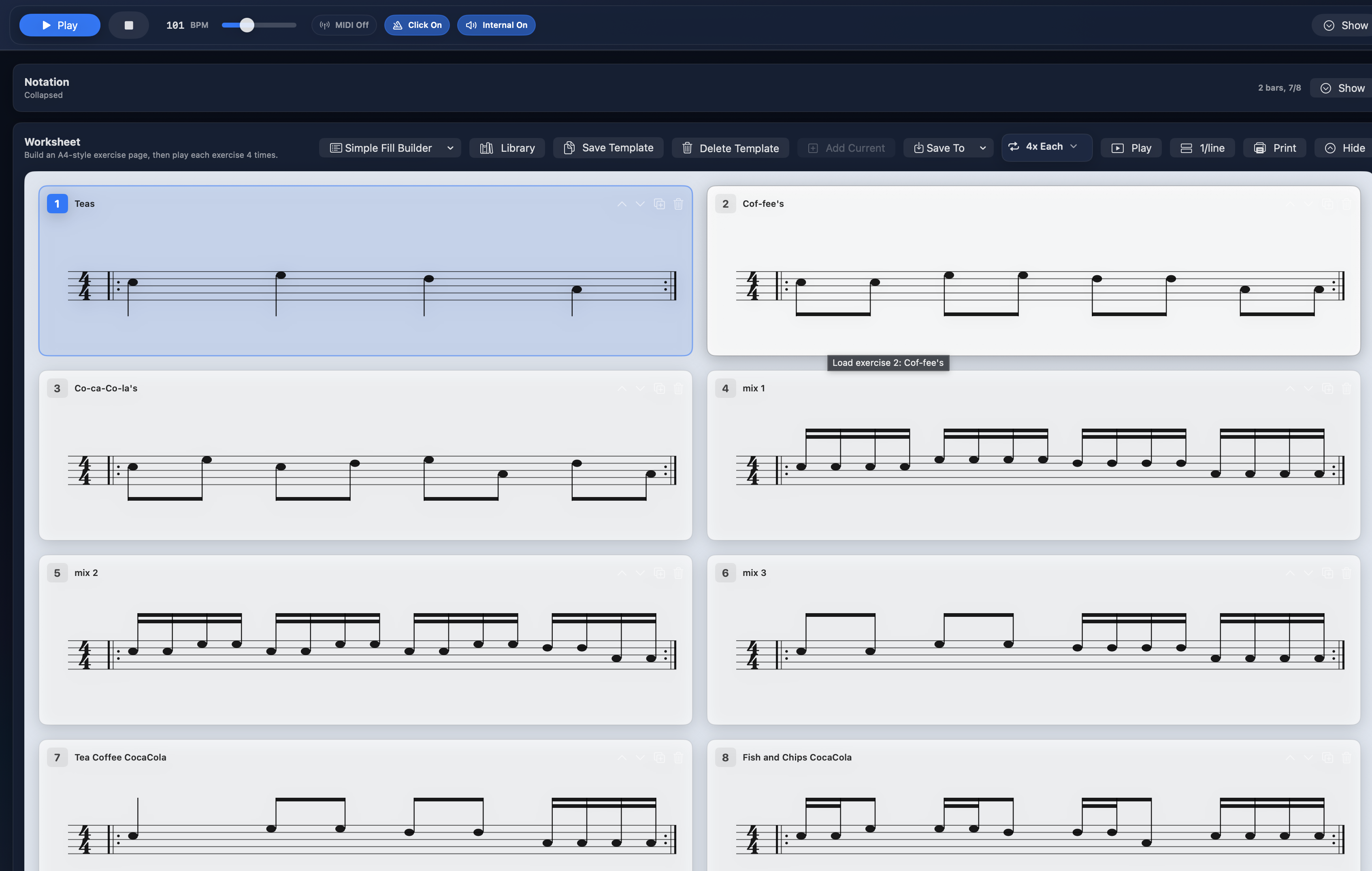 BeatBake worksheet builder with eight numbered exercises laid out for printing